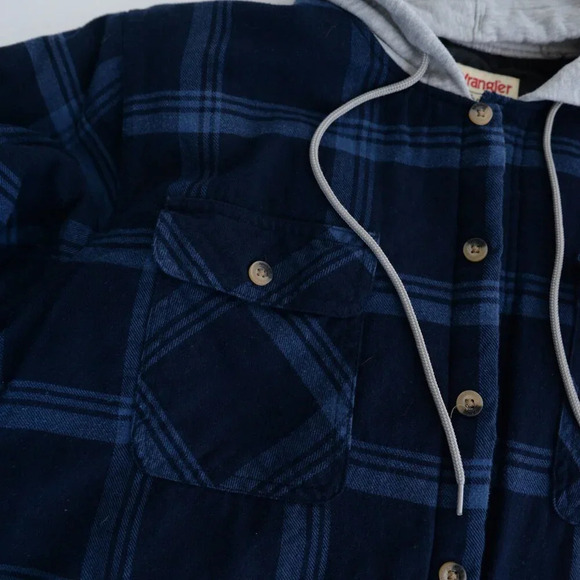 Vintage 90S Wrangler Authentics Navy And  Blue Checker Pattern With Hood Shacket - Picture 11 of 12